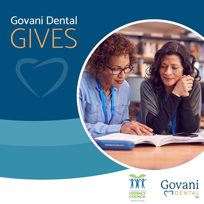 Govani Dental Gives Literacy Council campaign graphic.